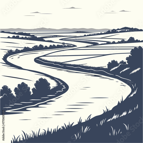 Vector art of a picturesque illustration depicts a winding river flowing through a serene landscape, evoking a sense of tranquility and natural harmony