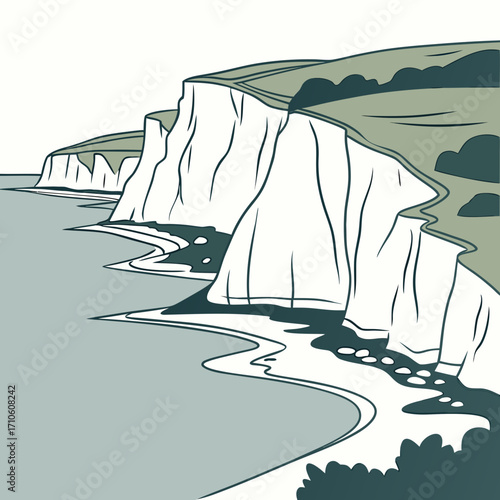 Illustration of majestic chalk cliffs along a coastline, with the sea gently lapping at the shore, creating a dramatic and picturesque coastal scene