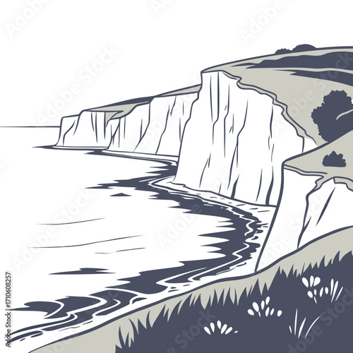 Vector art of a captivating illustration of the iconic seven sisters chalk cliffs in sussex, england, showcasing the dramatic coastline and the beauty of the english channel