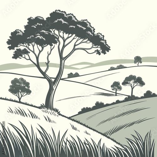 Vector art of a tranquil illustration of a rolling hill landscape with trees and tall grass, capturing the peacefulness and natural beauty of the countryside