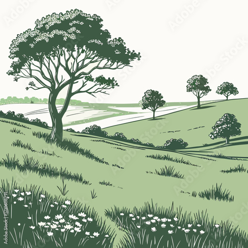 Vector art of a serene illustration of a lush green field dotted with trees and wildflowers, capturing the essence of the idyllic english countryside and the beauty of nature