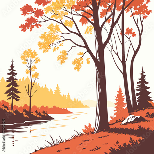 Vector art of a serene autumn scene showcasing a tranquil river flowing amidst trees with golden and orange leaves, creating a picturesque and inviting landscape