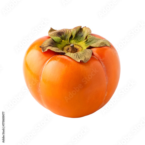 Fresh ripe persimmon fruit with vibrant orange skin, isolated on a transparent background, high-quality PNG image perfect for healthy food concepts, nutrition design, grocery advertising, digital art