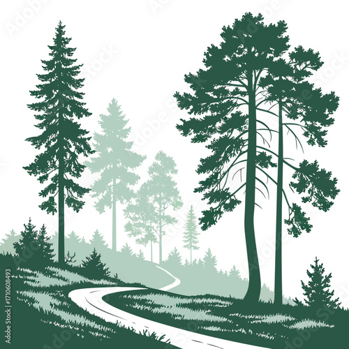 Vector art of a picturesque vector art piece depicts a winding road through a lush forest, with tall pine trees silhouetted against a, creating a sense of peacefulness