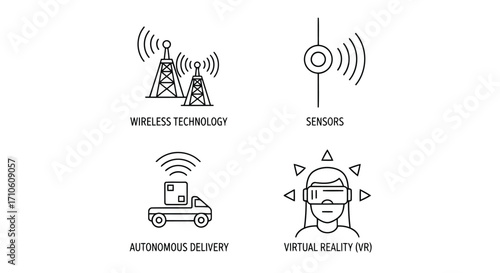 Vector illustration of line art icons representing wireless technology, sensors, autonomous delivery, and virtual reality