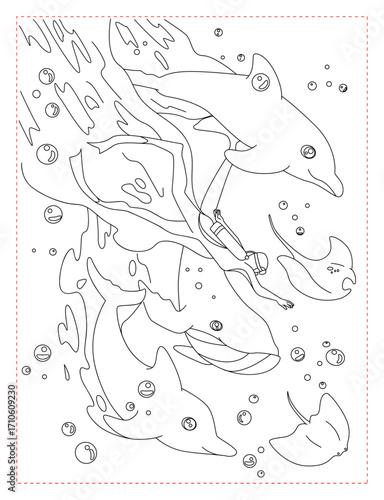 Underwater Dive in a Submarine Coloring Page: An Adventure Ocean Scene

