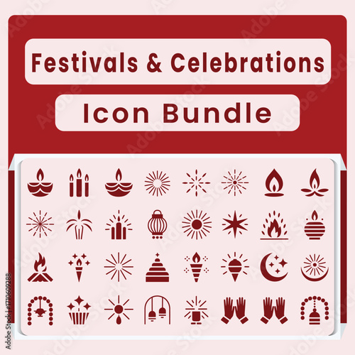 Red and white icon bundle for festivals and celebrations featuring lights fireworks and religious symbols