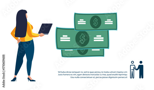 Business finance, people. Worker woman with laptop analyzing the financial dollar market. Business woman investor, money, investment growth. Green, yellow design. Banner. Vector illustration