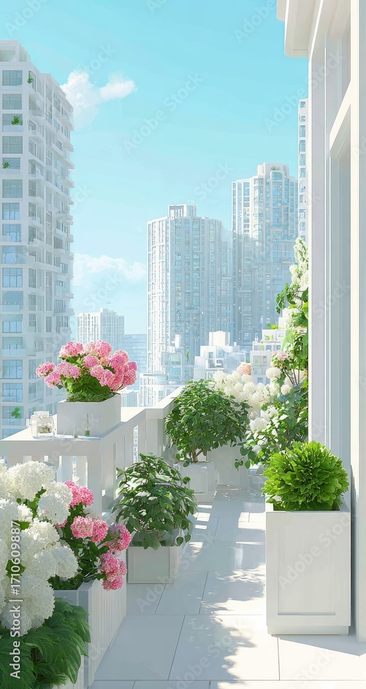 Fototapeta premium Beautiful Balcony Garden With Cityscape View Under Blue Sky.