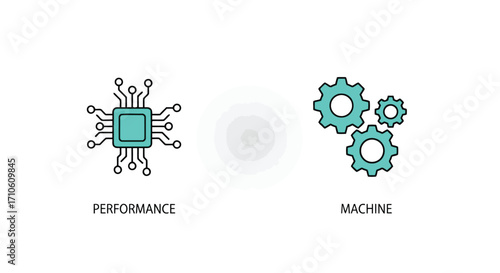 Vector illustration of line art icons representing performance and machine, symbolizing computational power and mechanical processes