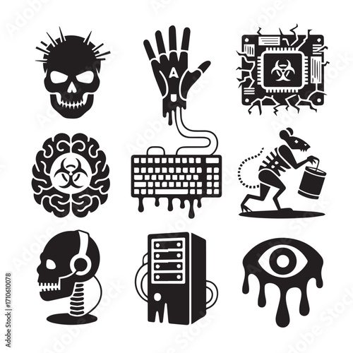 Collection of nine black and white graphic icons representing a zombie apocalypse theme with skulls brains computers and biohazard symbols
