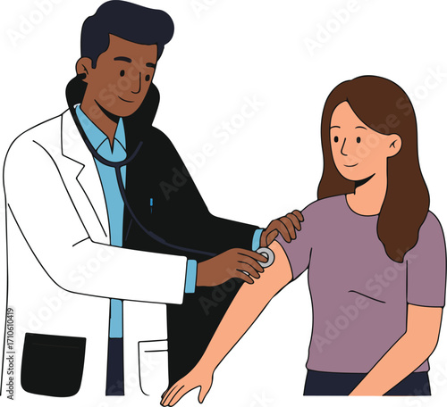 A doctor examining a patient's arm with a stethoscope.