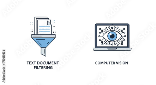Vector illustration of text document filtering and computer vision concept data analysis, machine learning and artificial intelligence