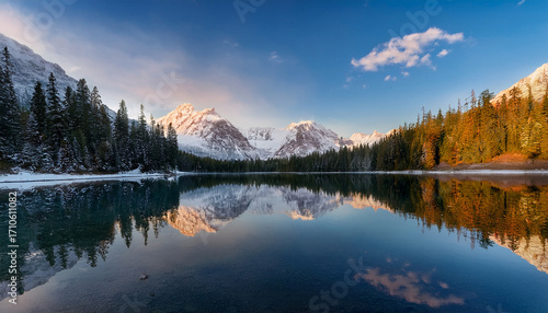 Serene Mountain Lake A Tranquil Vista Of A Pristine Lake Mirroring Snow Capped Mountains And Evergreen Forests Bathed In The Soft Hues Of A Sunrise