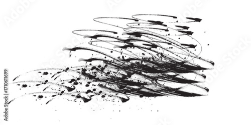 Abstract Black Ink Splatters and Brushstrokes.