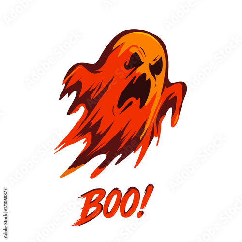 An evil Halloween ghost with a wide, aggressive grin and streaks of blood on its face. Handwritten inscription "BOO." Vector Halloween illustration