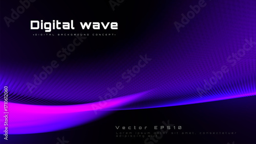 Digital wave background with motion purple glow point on black scene.