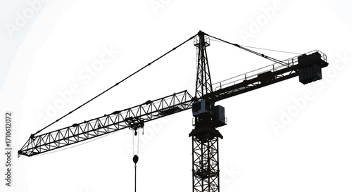 Silhouette of a tall construction crane against a bright white background