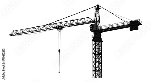 A striking silhouette of a large tower crane against a white background