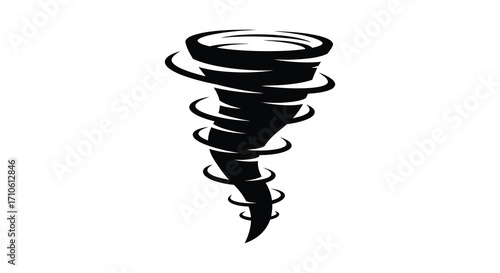 A striking black and white illustration of a swirling tornado shape