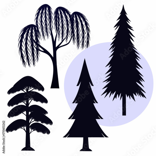 Vector art of four stylized trees in silhouette