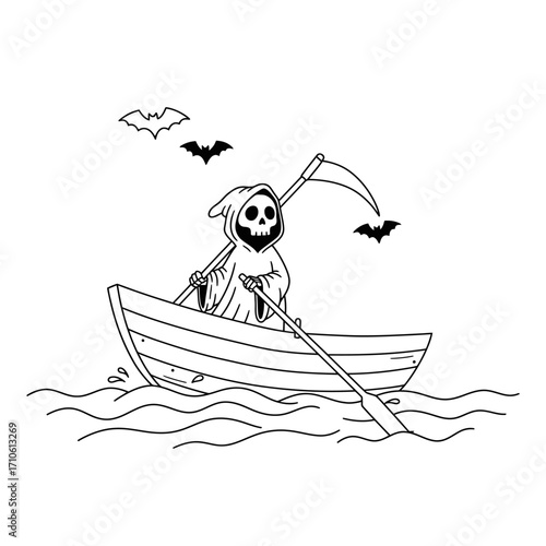 Skeleton rowing boat with bat spooky Halloween illustration for creepy night coloring page and haunted festival art