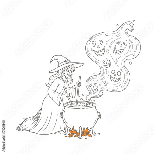 Witch brewing potion with magic smoke Halloween illustration for spooky coloring page and creepy fantasy designs