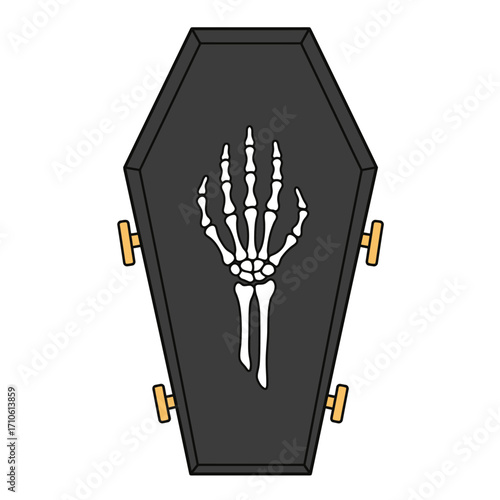 Gothic coffin with skeleton hand inside creepy Halloween outline art for haunted graveyard horror design concepts