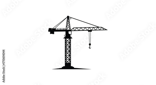 Simple black silhouette of a tall construction tower crane on white