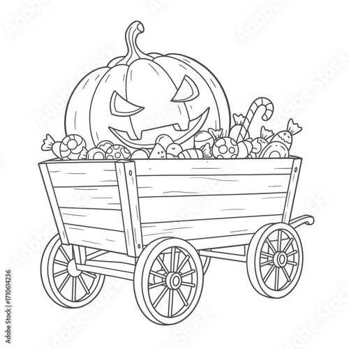 Wagon filled with pumpkins and a jack-o-lantern for rustic Halloween harvest scene