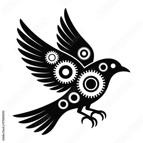 Steampunk bird silhouette with intricate gearwork wings and tail