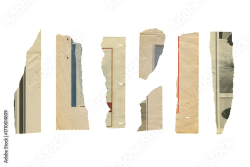 Set of torn pieces of  aged newspaper isolated.  Old ripped paper texture. 