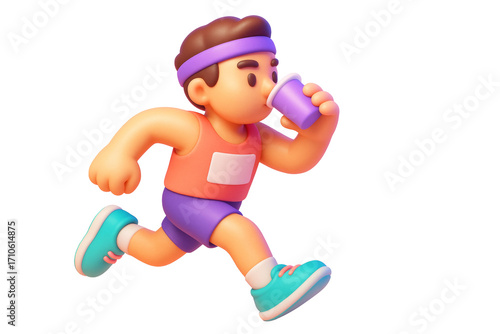 Cartoon style runner drinking water while jogging, colorful graphic style, isolated on white background. Concept of sport and healthy lifestyle. Ai generative