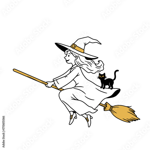 Witch flying on a broomstick for classic Halloween night magic fantasy vector illustration