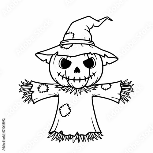 Scarecrow wearing a witch hat for rustic Halloween harvest and spooky farmyard decoration