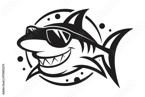 A cheerful shark with sunglasses shows off a big smile in monochrome design