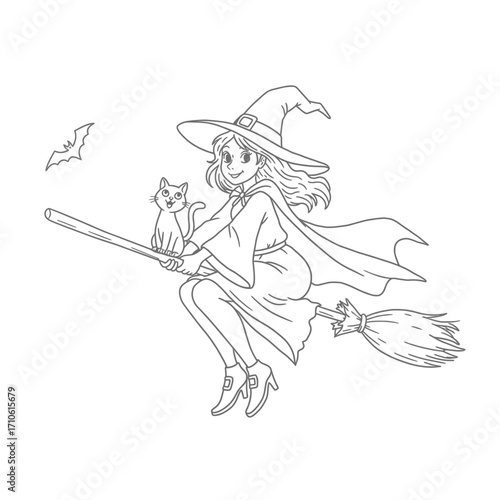 Witch Flying on Broomstick Across Halloween Night Sky