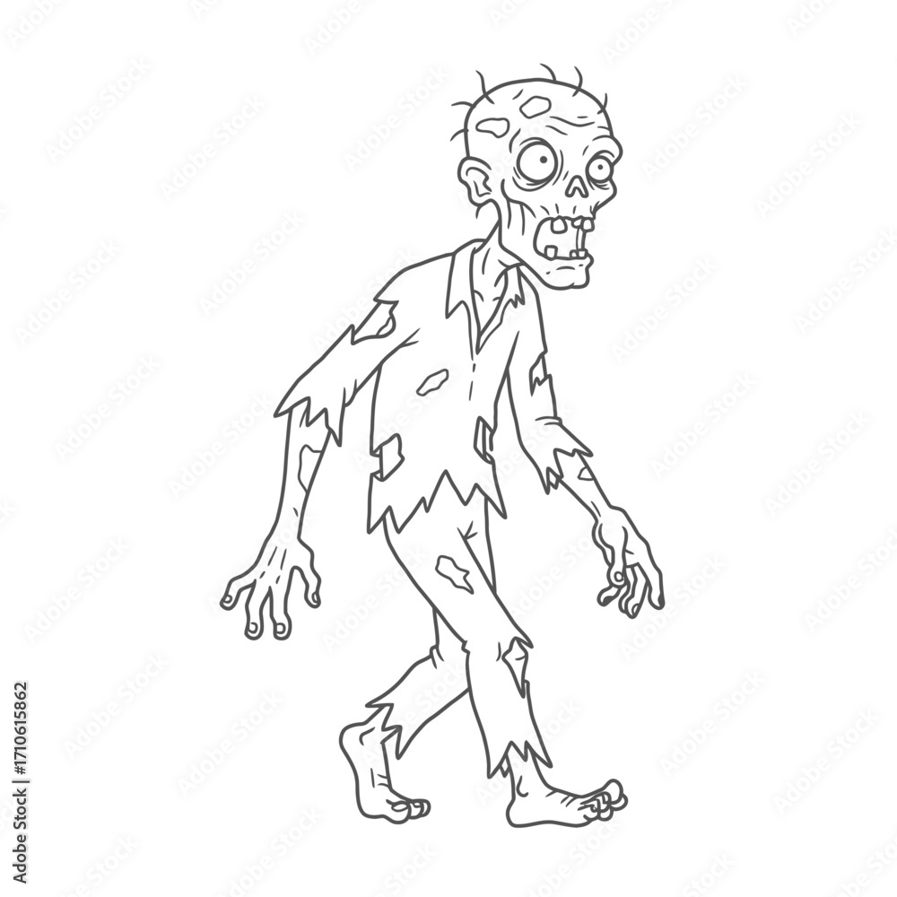 Fototapeta premium Creepy Zombie Walking with Torn Clothes Scary Halloween Design
