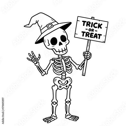 Skeleton Wearing Witch Hat Holding Trick or Treat Sign Halloween Fun