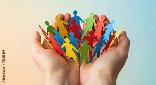 Diverse community members held together in caring hands showing unity and support