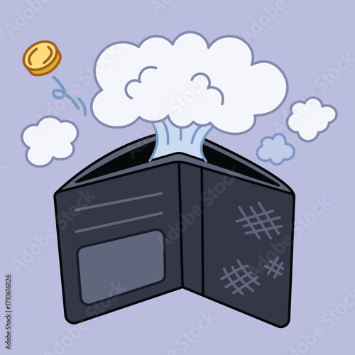 Empty worn out wallet with explosion smokes and one gold coin decoration. Cartoon art styled drawing isolated on square background.