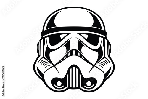 A detailed black and white mask showcases an iconic helmet from outer space film