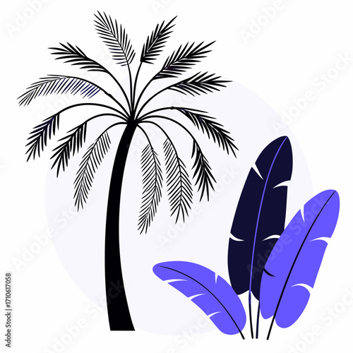 Vector art of stylized palm tree and tropical leaves