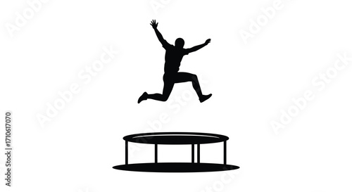 Silhouetted figure jumping joyfully on a simple trampoline against white