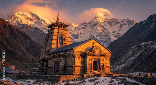 Kedarnath Temple at Sunrise with Snow-Capped Himalayas