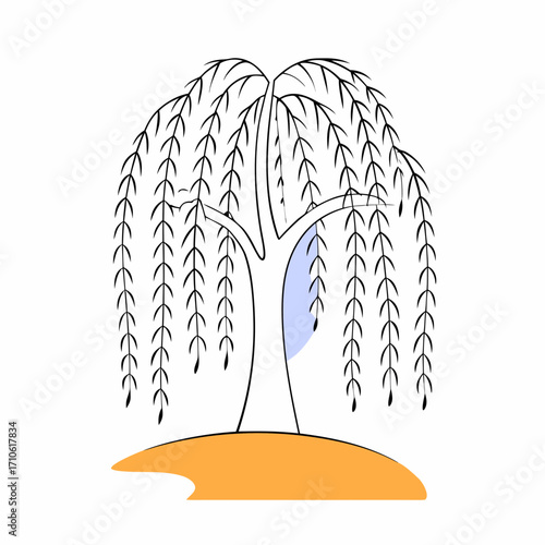 Vector art of line art weeping willow tree on orange ground with blue accent
