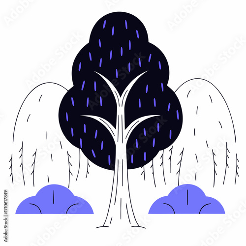 Vector art of abstract weeping willow tree with dark blue foliage and purple bushes