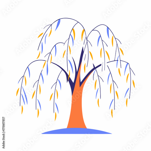 Vector art of abstract weeping willow tree with orange trunk and colorful leaves