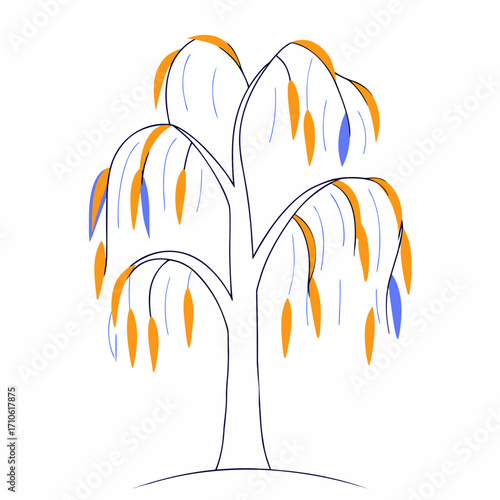 Vector art of stylized weeping willow tree with orange and blue leaves