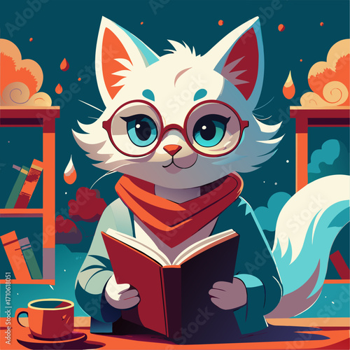 Vector art of cute cat character with glasses reading a book and a cup of tea